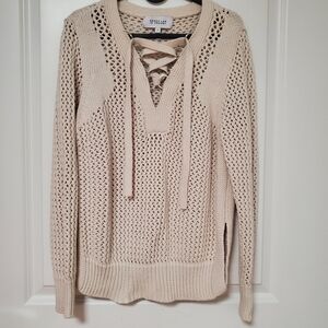 Derek Lam 10 Crosby Women's Beige Crochet Lace-Up Pullover Sweater Large